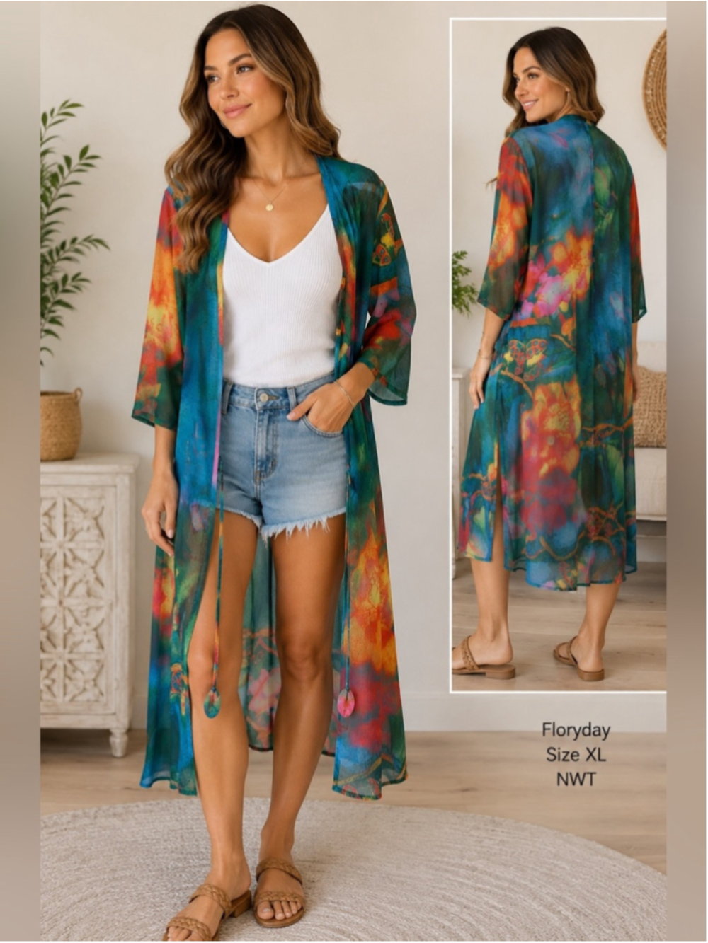 Floryday Colorful Abstract Print Sheer Kimono Cover Up Size XXL Beach Resort